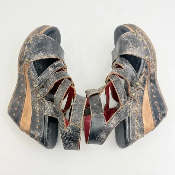 Bed Stu Brown Leather Wood Wedge Strappy Gladiator Sandals - Picture 9 of 14